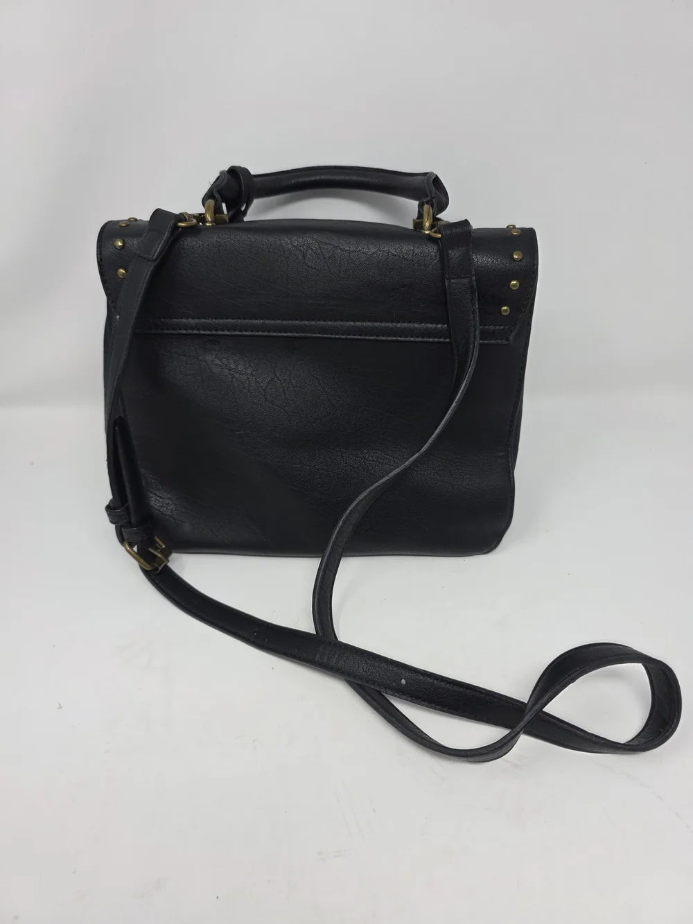 BORSANI Black Studded Leather Satchel Shoulder Bag Brass Ring Hardware